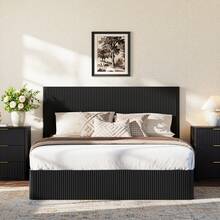Modern Bed With Grooved Design And Hydraulic Lift System – Large Storage Space, Stable Solid Wood Slats, Easy-Care Surface – 160 X 200 Cm – Black - Black + 160cm*200cm - View 9
