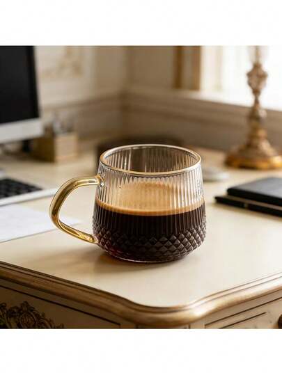 1pc Transparent Striped Glass Coffee Cup, Suitable For Home And Office Use, Can Be Used For Tea, Water, And Heating Up For Coffee, Milk Or Breakfast Cup