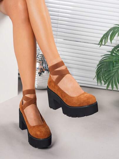 أحذية كعب منصة مريحة للنساء باللون الأسود، مثالية للخريف/الشتاء