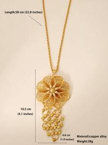 1pc Elegant Copper-Gilded Flower Pendant Necklace With Bead Strings, Flowing Tassels And Chain, Hollow Long Necklace. Women's Summer Jewelry Accessory. - Yellow Gold - View 7