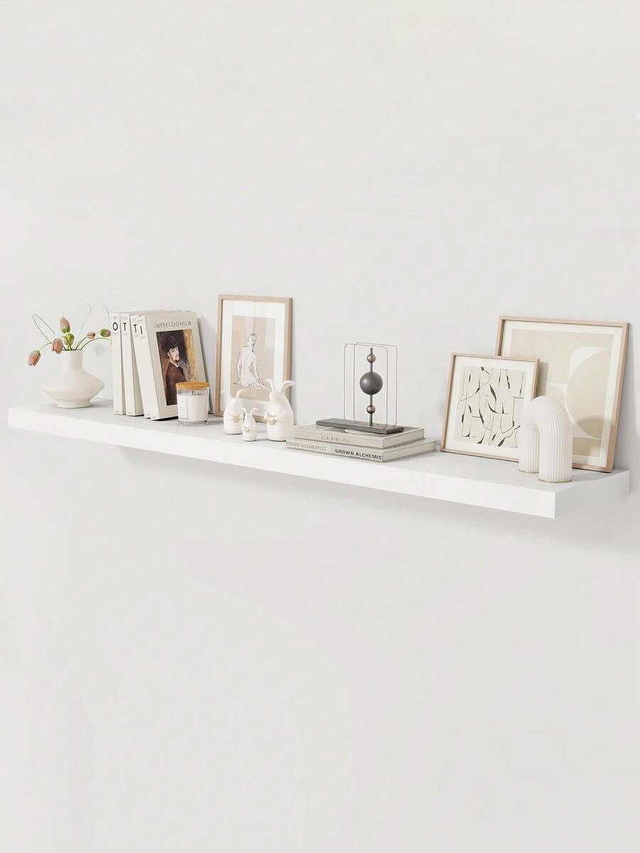 1-Piece Wall Mounted Shelf, Rustic Oak Long Shelf Set, For Living Room, Bathroom, Laundry Room, Bedroom, Kitchen, Home Office - White - View 1