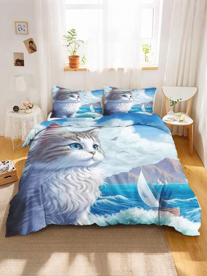 2/3OCS 3D Fluffy Cat Kids Bedding Set Ocean Sailboat Print Duvet Cover With Pillowcases Soft Microfiber Animal Bed Set For Kids Teen Boys Girls All Seasons With Zipper Clips 150x200cm