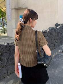 红色格子露肩修身短袖衬衫，休闲露脐女式上衣，夏季 - 卡其色 - 查看 6