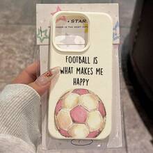 1pc TPU Material Pink & White Football Happy Text Pattern Phone Case Suitable For Apple 17 Pro Max/17/16 Pro Max/15/13/12/11, S20 FE/A15/S24/A55, Note 11/Note 12/Note 13 Pro, Full Coverage Anti-Drop Soft Protective Phone Cover - White - View 1