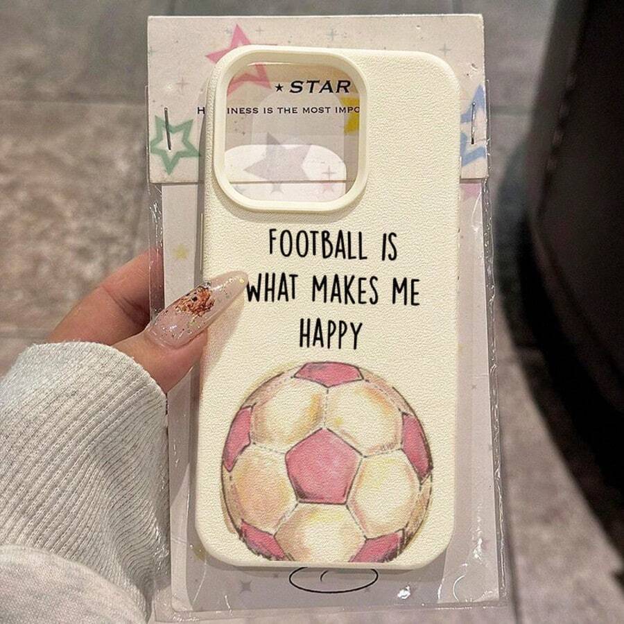 1pc TPU Material Pink & White Football Happy Text Pattern Phone Case Suitable For Apple 17 Pro Max/17/16 Pro Max/15/13/12/11, S20 FE/A15/S24/A55, Note 11/Note 12/Note 13 Pro, Full Coverage Anti-Drop Soft Protective Phone Cover - White - View 1