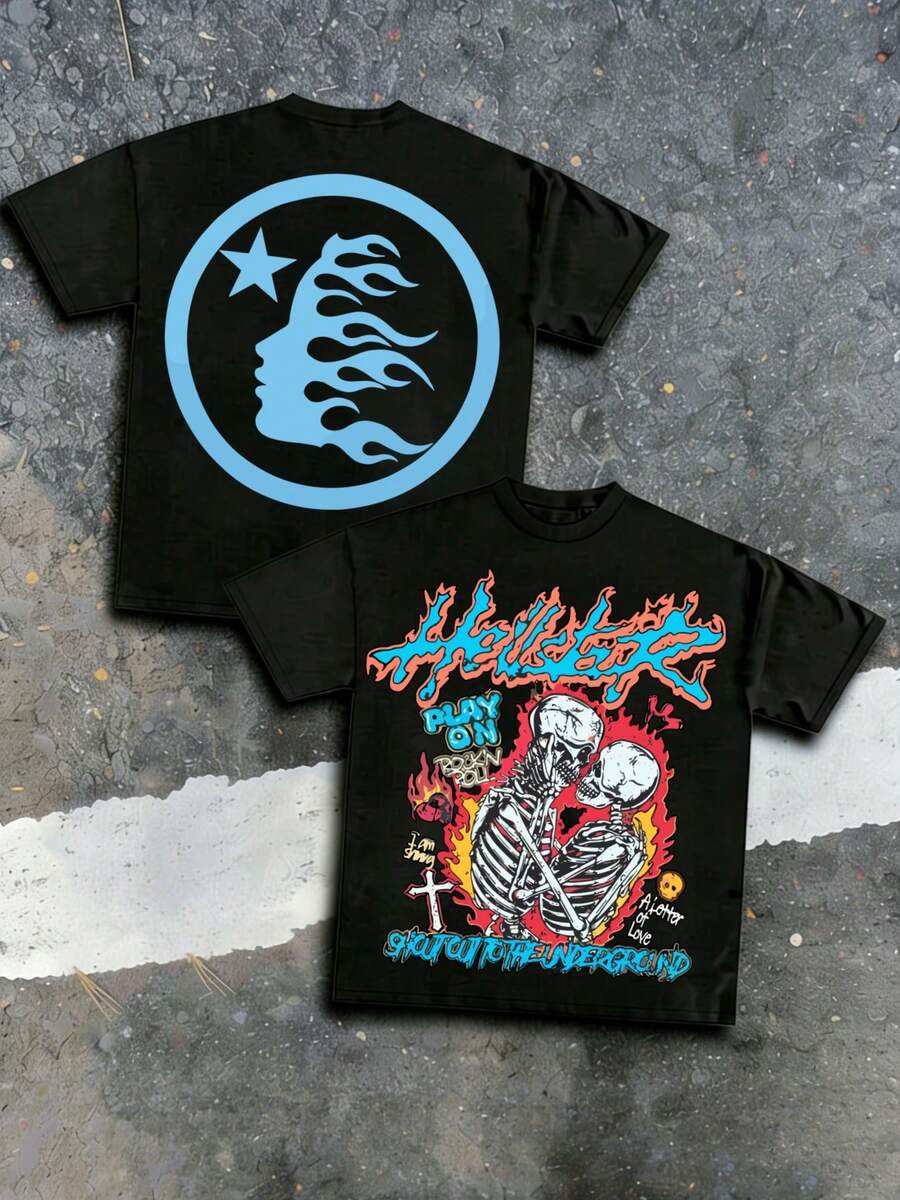 Hellstars Play On The Underground Skeletons Y2K T-Shirt Double Sided Printed (220g 100% Cotton T-Shirt), Summer Clothes, Men's Tops, Casual And Comfortable, Fashionable Graphic Tee, Unisex Style - Black - View 1