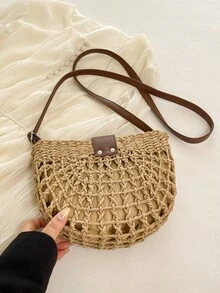 Túi đeo vai chéo bằng rơm rỗng, khóa cài, phong cách tối giản, thời trang mới, đa năng. - màu nâu - Xem 7