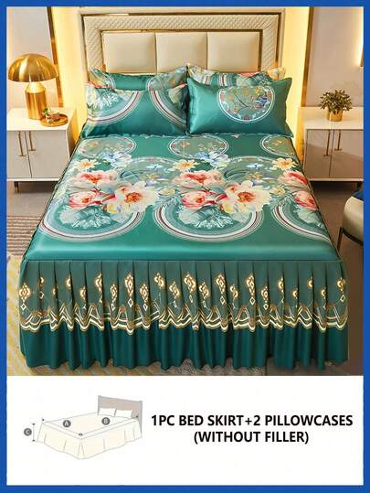 3 قطع طقم تنورة سرير مطبوعة بزهور ناعمة وقابلة للتنفس (1 تنورة سرير + 2 غطاء وسادة)، ماصة للرطوبة، مقاومة للتجعد، مناسبة لجميع المواسم، طباعة أنيقة، مناسبة للغرفة والفندق، بياضات سرير بسيطة واقتصادية