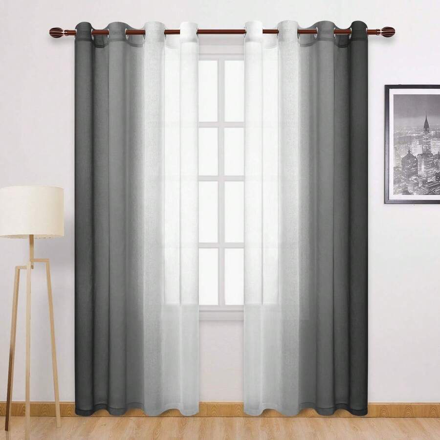 2 piezas de cortinas traslúcidas degradadas con ojales en la parte superior, adecuadas para dormitorio, sala de estar, decoración del hogar - Negro - Ver 1