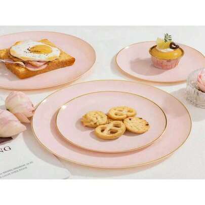 10件套粉色单层金边餐具套装，包含食物托盘、水果沙拉盘、餐盘、碟子，可水洗，可重复使用，易于清洁。适用于婚礼装饰、圣诞节装饰、生日派对、家庭聚会、户外团队建设、学校、餐厅和厨房派对餐具，也是家庭学校节日礼物的理想之选。