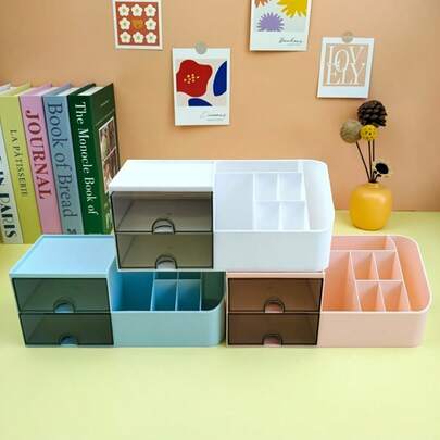 多功能塑料笔筒，带抽屉的桌面化妆刷收纳盒，桌面文具整理收纳盒，创意笔筒收纳盒，适用于家庭、学校和办公室