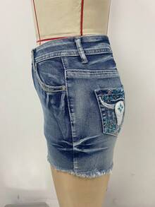 2026 Women's Vintage Bullhead Embroidered Slim-Fit Burr- Denim Shorts - Blue - View 3