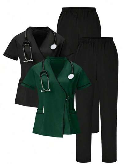 Women's Plus Size Running Sweatshirt, Brushed Stretch Athletic Nurse Uniform, Scrub Set, Workwear, Pockets, Breathable, 4-Piece Set