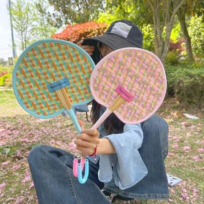 1pc Woven Straw Hand Fan, Lightweight & Portable, Blue & Pink Colors, Bamboo Handheld Mini Cooling Fan, Suitable For Summer Outdoor Travel, Picnic, Park, Beach, Festivals, Daily Use, Cute Korean Aesthetic