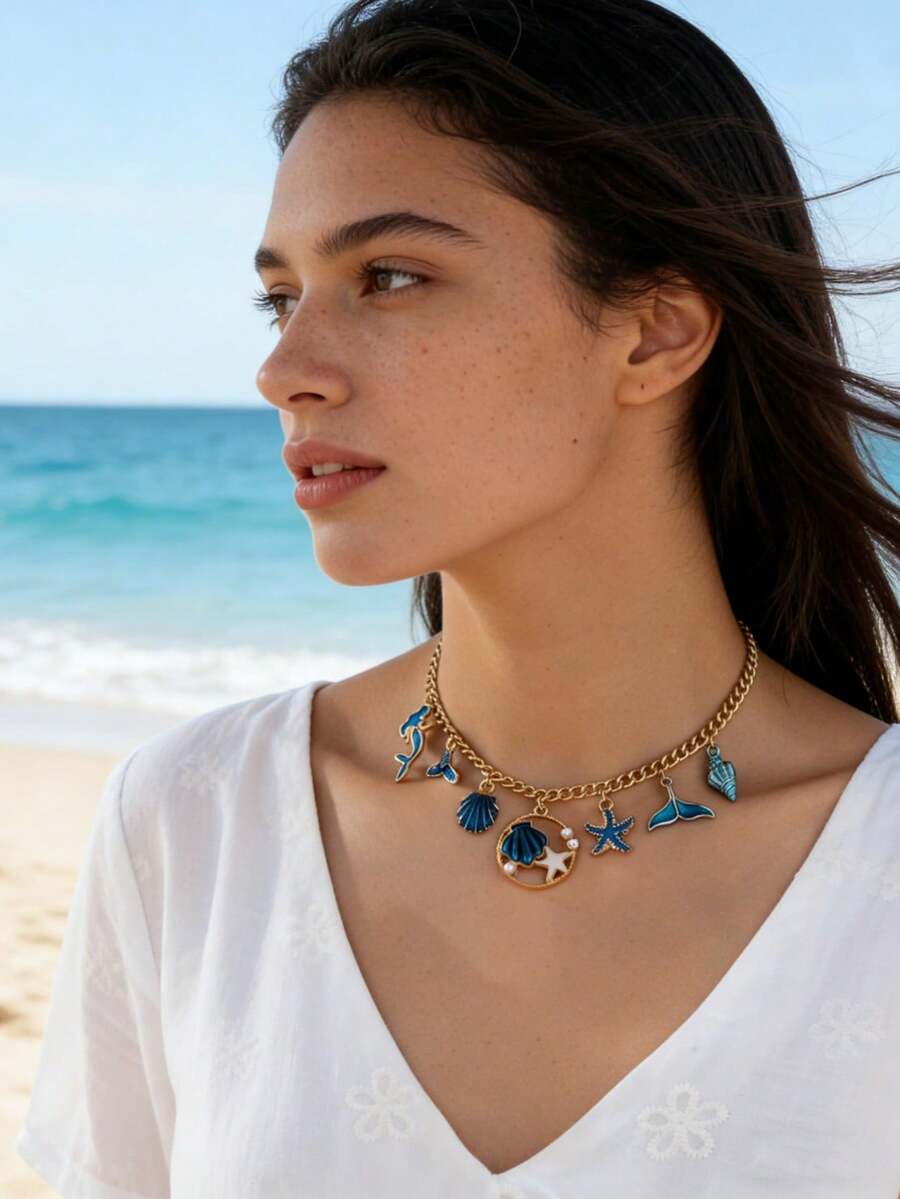 1件夏季海滩度假风海洋系列贝壳/海星吊坠别致设计魅力项链，适合女性日常佩戴 - 彩色 - 查看 1