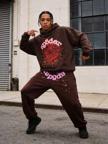 Y2K Men's Hooded Sweatshirt, Spider Web Pattern, Letter Print, Colorful Stars, Street Punk Style, Casual Fitted, Fall & Winter, Graphic Hoodie,There Are Combination Sets, Single Piece Hoodies, Single Piece Sweatpants, And Multiple Choices Couple Outfits - Bộ màu nâu - Xem 2