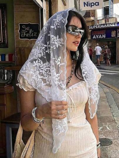 1 pieza Pañuelo de cabeza elegante de mujer con encaje floral de unicolor, hijab/chal bohemio de lujo, adecuado para uso diario, bodas, iglesias, eventos formales, vacaciones de verano en la playa