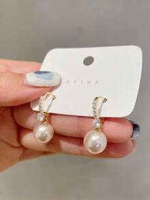 一对珍珠耳环，钻石耳环，优雅气质，复古水钻珍珠耳环，奢华高端耳环，适合日常佩戴 - 白色 - 查看 2