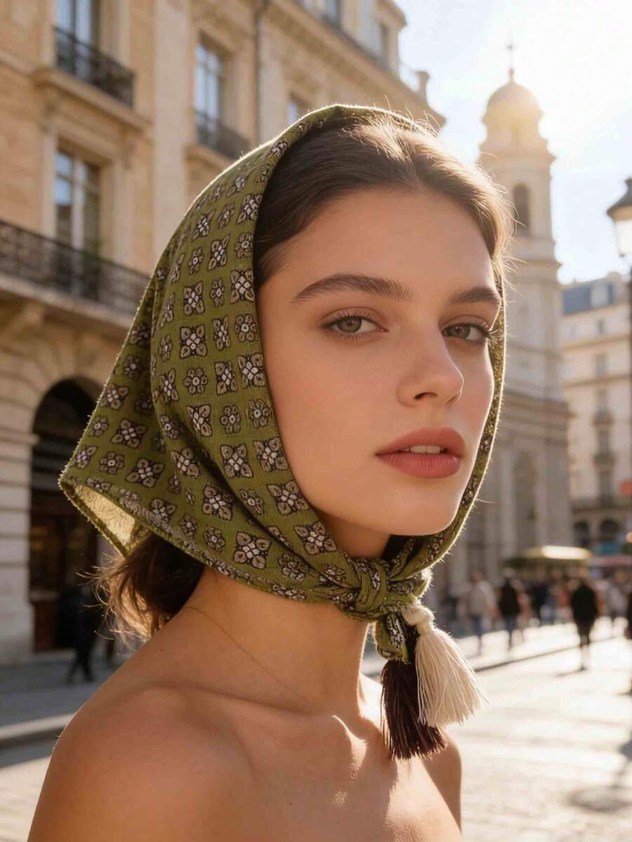 1 pieza Bandana de 70cm con estampado geométrico, emparejada con 2 pequeños pañuelos/diademas cuadrados con borlas - Multicolor - Ver 1