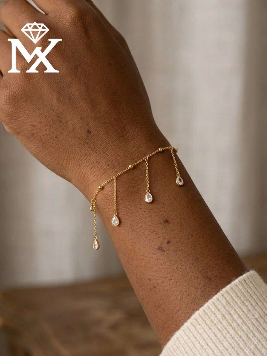 SYMFNY Elegant 925 Sterling Silver Chain Bracelet For Women, Dainty Gold Bracelet With Teardrop Zirconia Charms, Floating Pear Cut CZ Tassel Link Bracelet, Classic Quiet Luxury Jewelry Gift, Adjustable Wristband - Bracelet - View 1