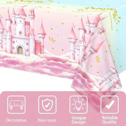 1件公主城堡主题大号防水PE桌布，粉色，53.93英寸*107.87英寸，非常适合公主主题派对、家居装饰、生日派对、单身派对、派对用品、婚礼新娘送礼会、一周岁生日、睡衣派对、情人节等场合。