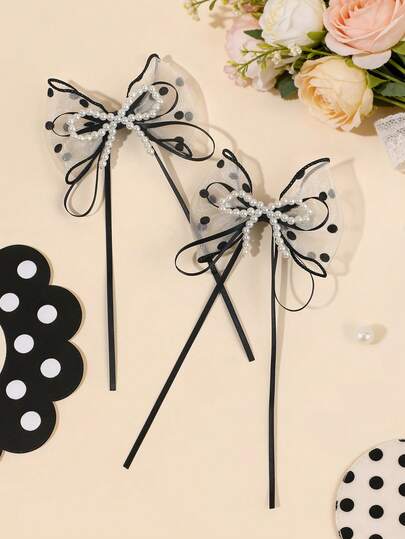 2个波点发夹，女士蝴蝶结造型，珍珠鳄鱼夹，优雅薄纱发夹，适合度假/婚礼/日常佩戴，精致礼物发卡，女士发饰