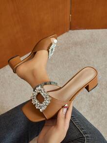 Women's Square Toe Chunky Heel Mule Sandals, Summer Breathable Slip-On Clogs, Party & Casual Wear, Open Toe Elegant Comfortable High Heel Sandals, Buckle Rhinestone Brown Beach Shoes - Brown - View 1