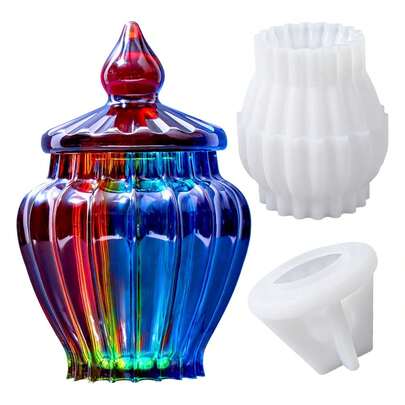 Silicone Jar Mold With Lid Resin Epoxy Casting Molds Vintage Striped Wave Candle Jar Cement Mould For Resin Craft Making DIY Art Jewelry Trinket Organizer Candy Container Concrete Moulds Home Decor
