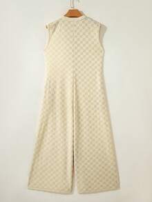 Acelitt Women's White Knitted Checkered Texture Half-Button Sleeveless Casual Wide-Leg Jumpsuit In Spring - Beige - View 4