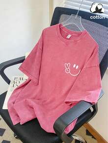 Vintage Washed Cotton Loose-Fit T-Shirt, Cute  Face And Heart Print, Women's Casual Street Style Short-Sleeve Top, Wrinkle-Resistant Washed Cotton T-Shirt - 玫紅色 - 查看 4
