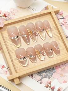 10片/套 女士手工锆石水钻闪亮透明裸色假指甲，金色猫眼法式蝴蝶美甲贴纸 - 彩色 - 查看 12