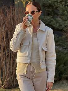 Chaqueta de tweed blanco para mujer con cremallera frontal y bolsillos, estilo de calle para otoño, invierno y primavera - Blanco - Ver 5