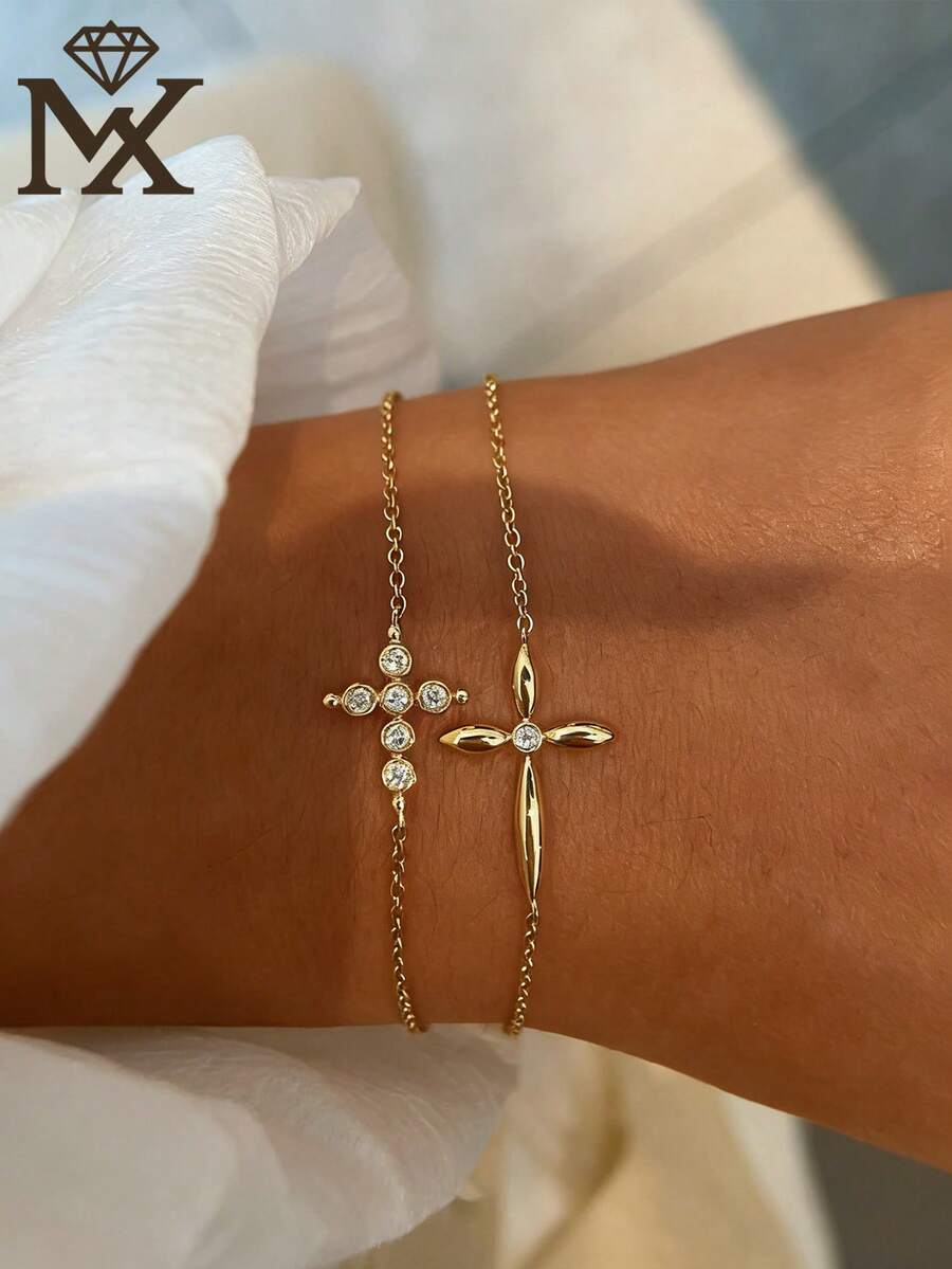 SYMFNY 1pc Niche 3D Cross 925 Sterling Silver Bracelet, Inlaid Zirconia Detail, Minimalist Luxury Design, Suitable For Daily Wear Or Valentine's Day Gift - Yellow Gold - View 1