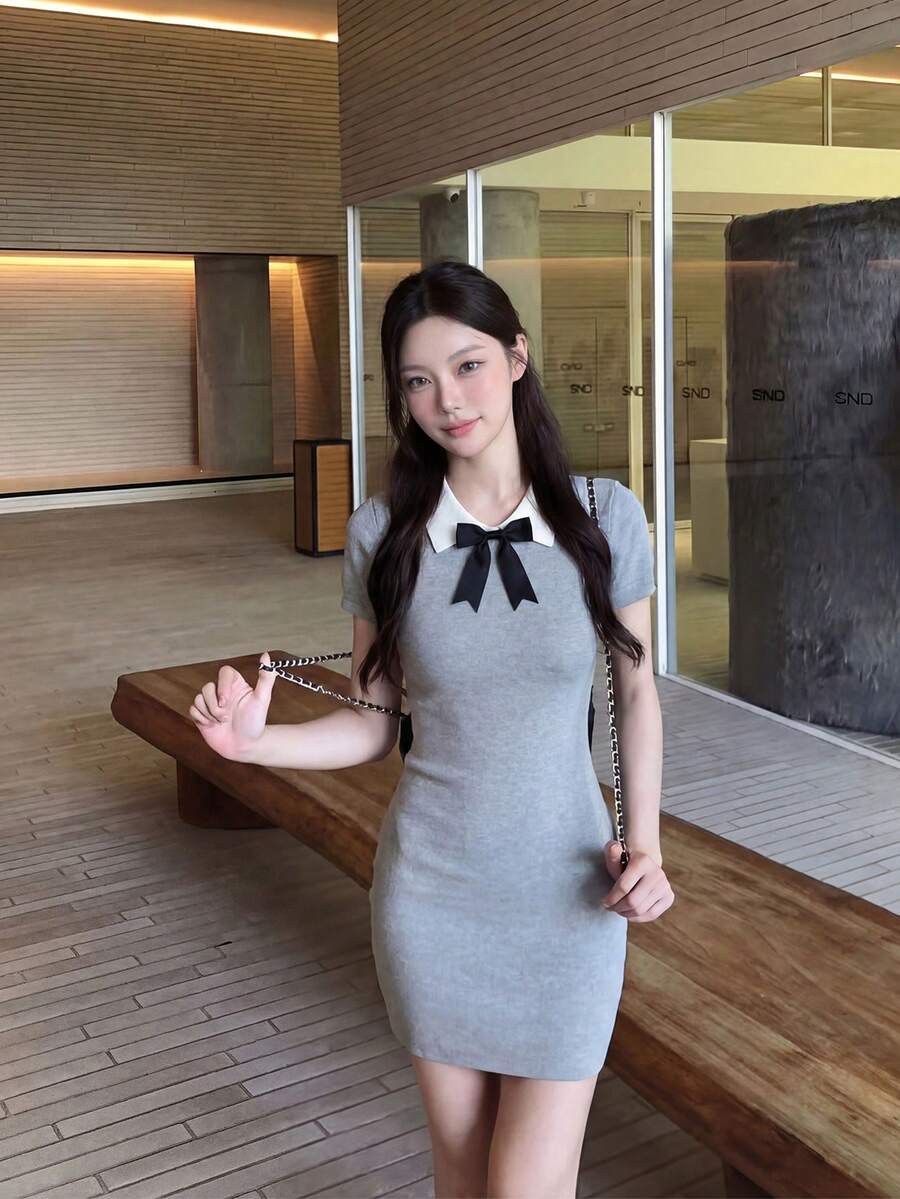 Summer New French Contrasting Peter Pan Neck Dress With Sweet Bow And Short Sleeves, Slimming And Slimming Skirt Spring - Grey - View 1