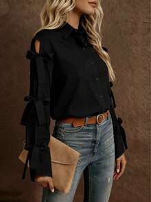 Single-Breasted Long-Sleeved Shirt With Decorative Bow, Solid White For Spring - 黑色 - 查看 4