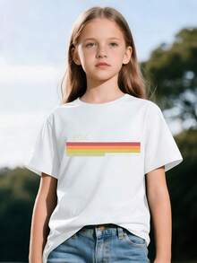 FOX Retro Rainbow Print Round Neck Short Sleeve T-Shirt, Soft And Comfortable Casual Top For Summer, Stylish And  American Vintage Style, Suitable For Boys And Girls For Everyday Wear, School Outings, Outdoor Activities, Birthday Parties - 白色 - 查看 2