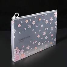 1pc A4 Size Waterproof Zipper File Bag - Transparent Pink Sakura Pattern, Suitable For Office, Home, Travel, Letter Size Documents, Lightweight Decorative Storage And Organization - Multicolor - View 10