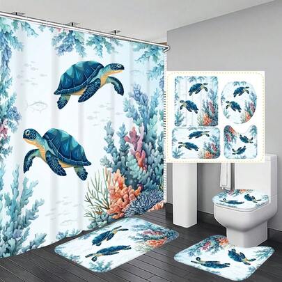 Bộ 1/4 rèm tắm trang trí phòng tắm họa tiết rùa biển vẽ màu nước, kèm 12 móc treo miễn phí, tạo không khí nghỉ lễ trang nhã. Bộ sản phẩm bao gồm thảm phòng tắm, thảm chữ U và thảm tròn, phù hợp với mọi không gian phòng tắm.