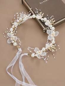 1PC Elegant Romantic Spring/Summer Floral Headband With Flower And Leaf Design Ribbon Hair Accessory, Wedding Bride Headpiece, Birthday Party Hair Accessory, Performance Hairband, Forest Style Hair Decoration - View 6