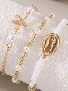 3pcs/Set Summer Beach Vacation Bohemian Starfish & Shell Beaded Layered Anklet Set (Women) - Gold - View 5