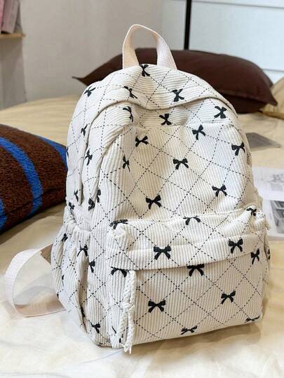 حقيبة ظهر نسائية سعة كبيرة بتصميم فيونكة بسيط، متعددة الاستخدامات وأنيقة، حقيبة أم من الكوردروي بحجم صغير للوقت الحر، مناسبة للطلاب.