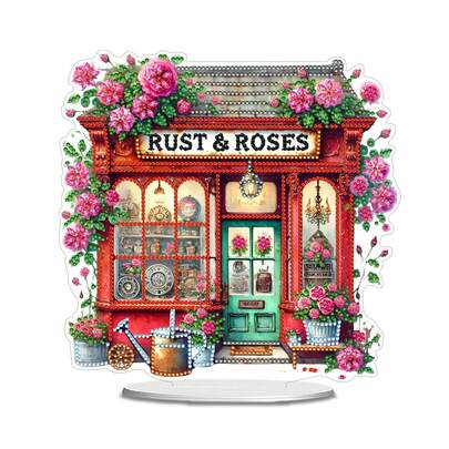 1幅5D DIY钻石画装饰画，复古花店设计，红色墙面，钻石艺术马赛克装饰，适合家居装饰、花园、客厅、桌面，是送给朋友生日和节日的绝佳礼物。