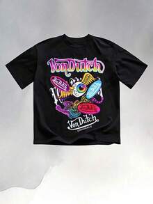 VONDUTCH Vibrant Graffiti Graphic Print T-Shirt Featuring Top VONDUTCH Lettering In Rainbow Gradient, Central Collage Of Multiple VONDUTCH Oval Logos In Bold Multicolor Hues, A Stylized Color-Shifting, Prism-Like Eye Motif, Rainbow Tiger Accent, And Bottom VONDUTCH ORIGINALS Script In Classic White, Crafted From 100% Cotton For A Soft, Breathable Wearing Experience, Designed For Comfortable Daily Casual Wear, Urban Hangouts, Art-Inspired Outings And Stylish Gatherings, Serving As A Bold Wearable Statement Of Retro Pop Culture And The Fusion Of Graffiti Aesthetics, Prismatic, Kaleidoscopic Design And Iconic Brand Legacy That Resonates With Enthusiasts Of Timeless Edgy Style And Artistic Expression Mens Holiday Clothes Pure Cotton T-Shirts, Hip-Hop Retro Shirts, Graphic T-Shirts, Street Style Men's Fun Shirts - 黑色 - 查看 1