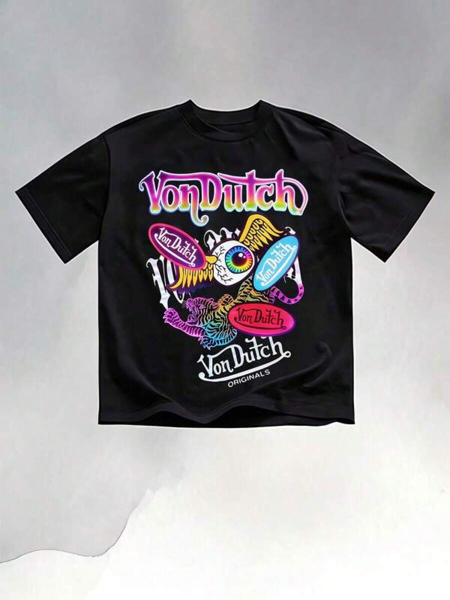 VONDUTCH Vibrant Graffiti Graphic Print T-Shirt Featuring Top VONDUTCH Lettering In Rainbow Gradient, Central Collage Of Multiple VONDUTCH Oval Logos In Bold Multicolor Hues, A Stylized Color-Shifting, Prism-Like Eye Motif, Rainbow Tiger Accent, And Bottom VONDUTCH ORIGINALS Script In Classic White, Crafted From 100% Cotton For A Soft, Breathable Wearing Experience, Designed For Comfortable Daily Casual Wear, Urban Hangouts, Art-Inspired Outings And Stylish Gatherings, Serving As A Bold Wearable Statement Of Retro Pop Culture And The Fusion Of Graffiti Aesthetics, Prismatic, Kaleidoscopic Design And Iconic Brand Legacy That Resonates With Enthusiasts Of Timeless Edgy Style And Artistic Expression Mens Holiday Clothes Pure Cotton T-Shirts, Hip-Hop Retro Shirts, Graphic T-Shirts, Street Style Men's Fun Shirts - 黑色 - 查看 1