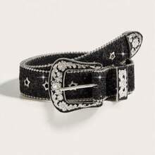 1pc Men's Star Eyelet Embellished Western Cowboy Style Heavy Duty Belt Suitable For Daily Use - Black - View 1