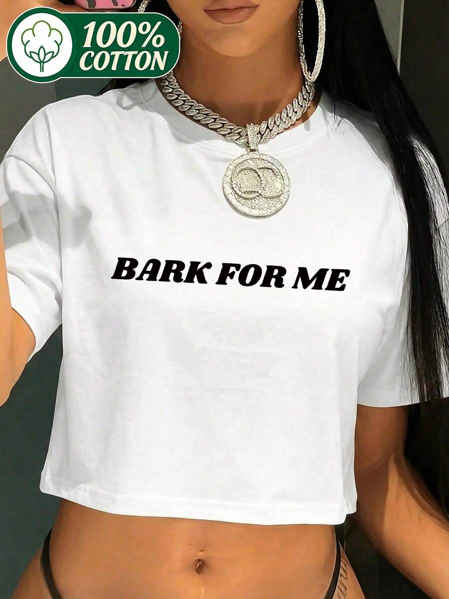 Women's Y2K Street Style "Bark Call Me" Graphic Cropped Top - Black Geometric Crewneck Short Sleeve Shirt, Machine Washable All Season Casual Top, Fashionable Dress Up Clothing, Bold Print, Stretch Material, Statement Shirt, For Lovers,Spring,For Women,Womens Tops,Tops De Mujer,Green Top,Spring Clothes. - trắng - Xem 1