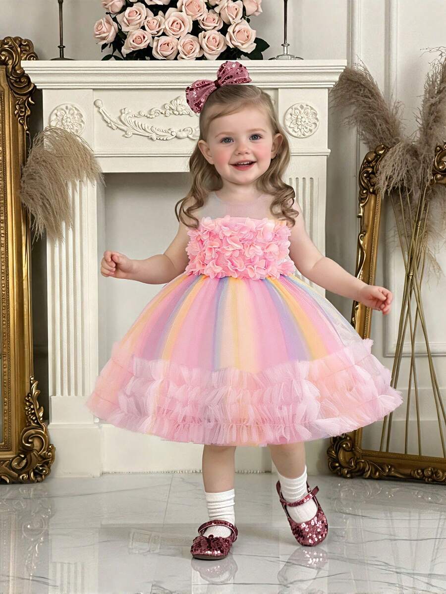 Baby Girl Colorful Tulle 3D Floral Cute Puff Dress, Suitable For Birthday Party, Excluding Headband - Pink - View 1