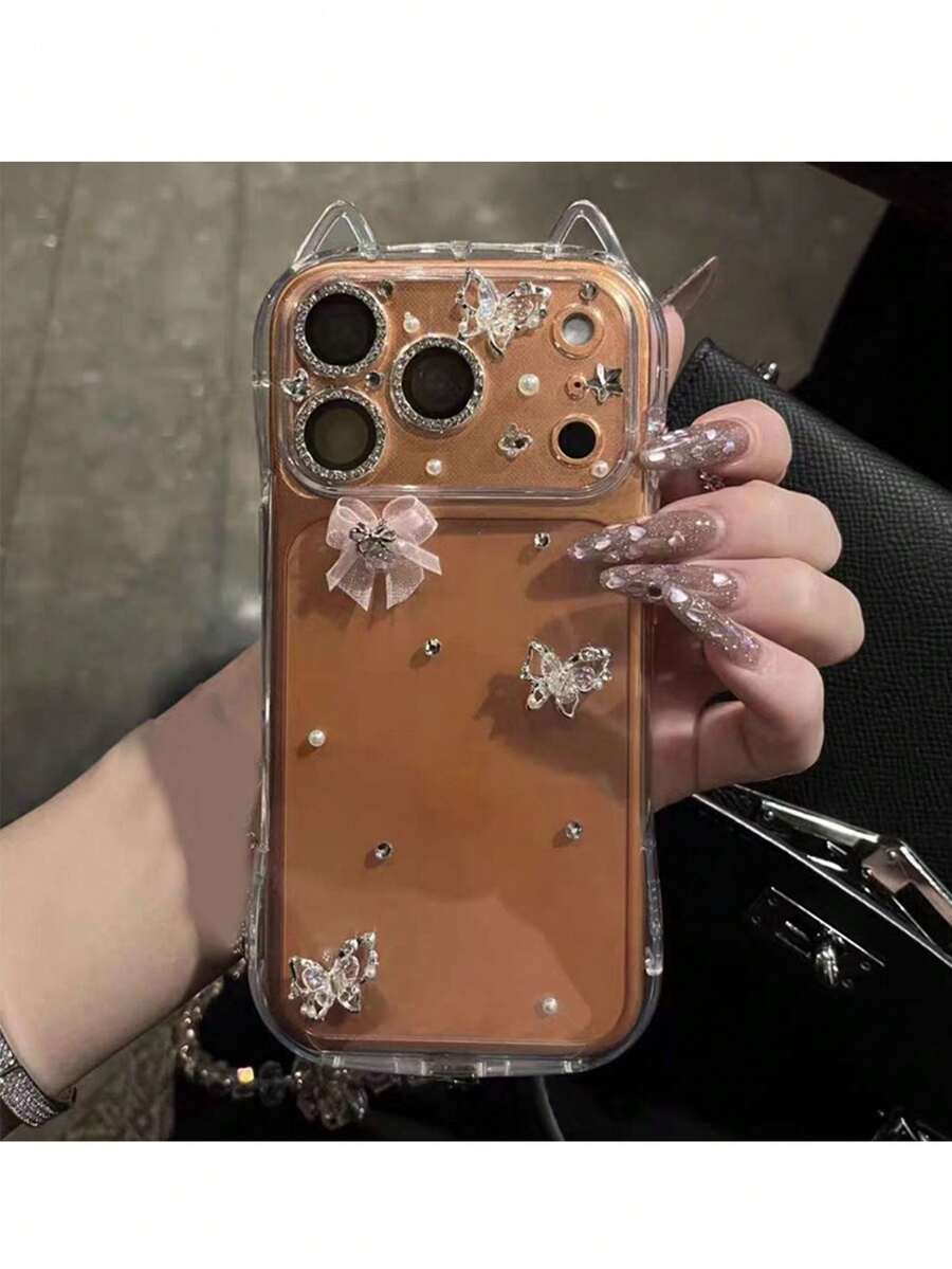 1个新款Y2K猫耳透明闪钻镂空蝴蝶奢华名媛风手机壳，适用于 17 Pro Max、16、15 Pro、14、13 Pro Max、12、11，TPU软保护套 - 粉蝴蝶結 - 查看 1