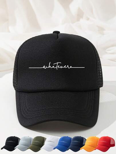 1pc Unisex Outdoor Casual Fashion Black & Multicolor Grid Breathable "What Ever" Printed Personalized Minimalist Adjustable Size Soft Lightweight Beach Camping Fishing Sun Protection Sponge Net Baseball Cap, Versatile Daily Wear Gift