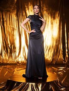 Women's Elegant Black Stand Collar Mesh Sequin Patchwork Satin Formal Evening Gown, Suitable For Special Occasions Wedding Party Spring - Black - View 3